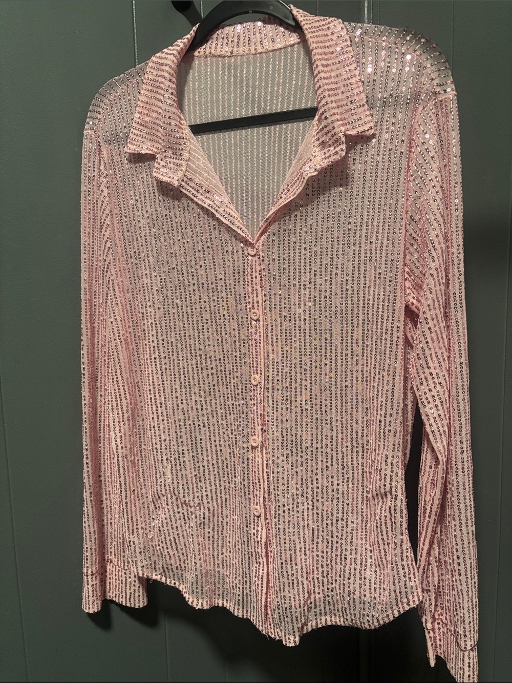 Sheer Pink Sequin Button-Up Top Blouse Shirt Large
